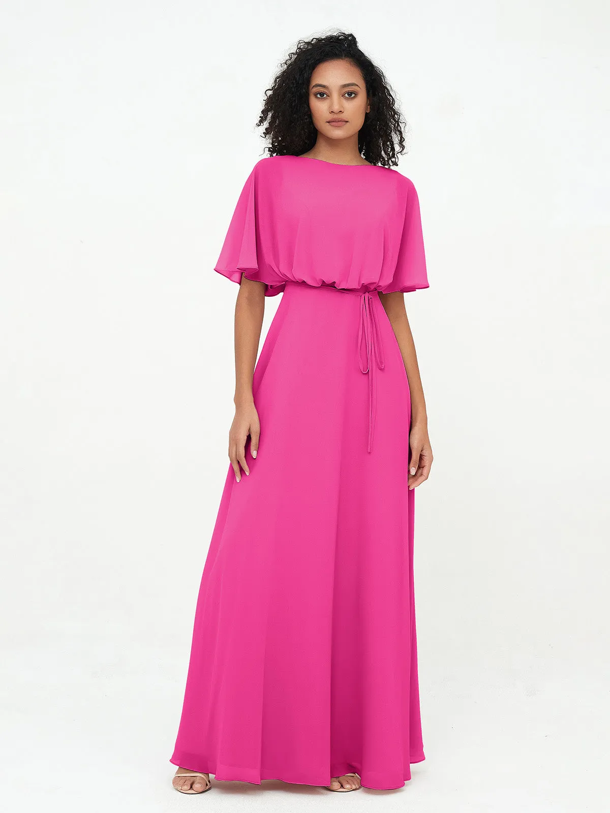 Chiffon Full Length Bridesmaid Dresses with Wrap Fuchsia Plus Size