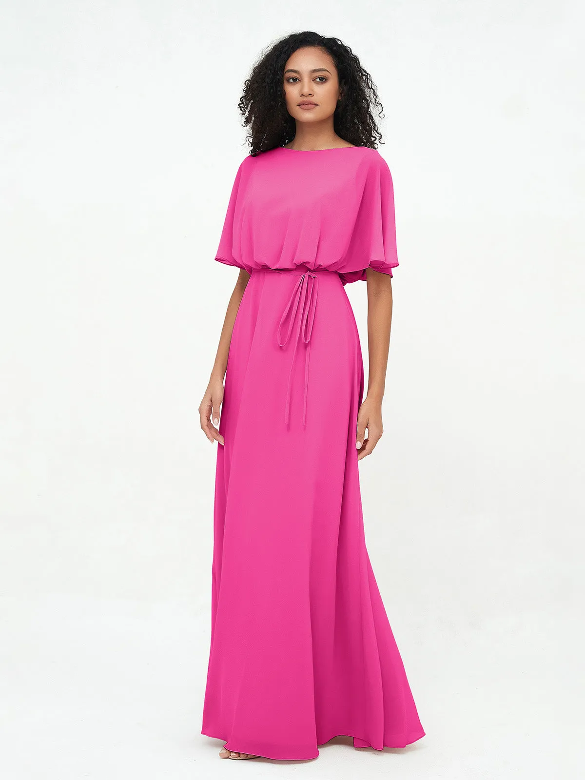 Chiffon Full Length Bridesmaid Dresses with Wrap Fuchsia Plus Size