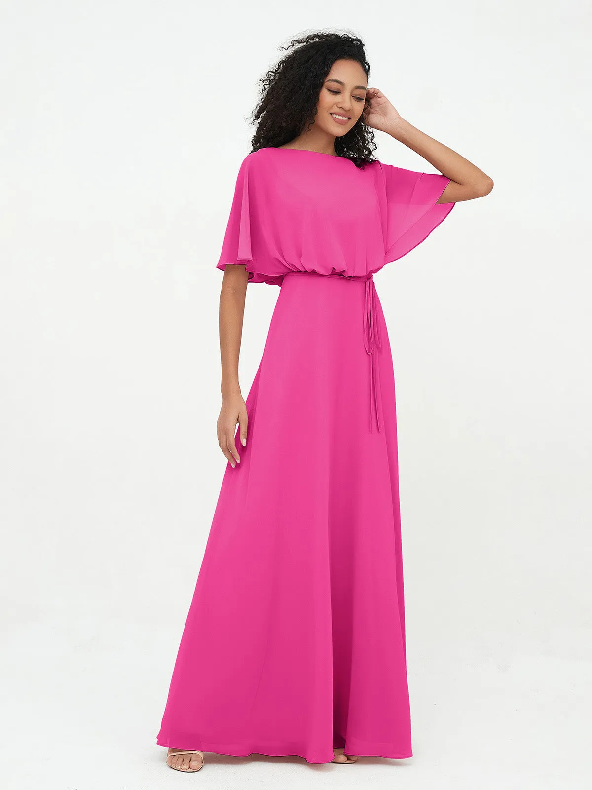 Chiffon Full Length Bridesmaid Dresses with Wrap Fuchsia Plus Size