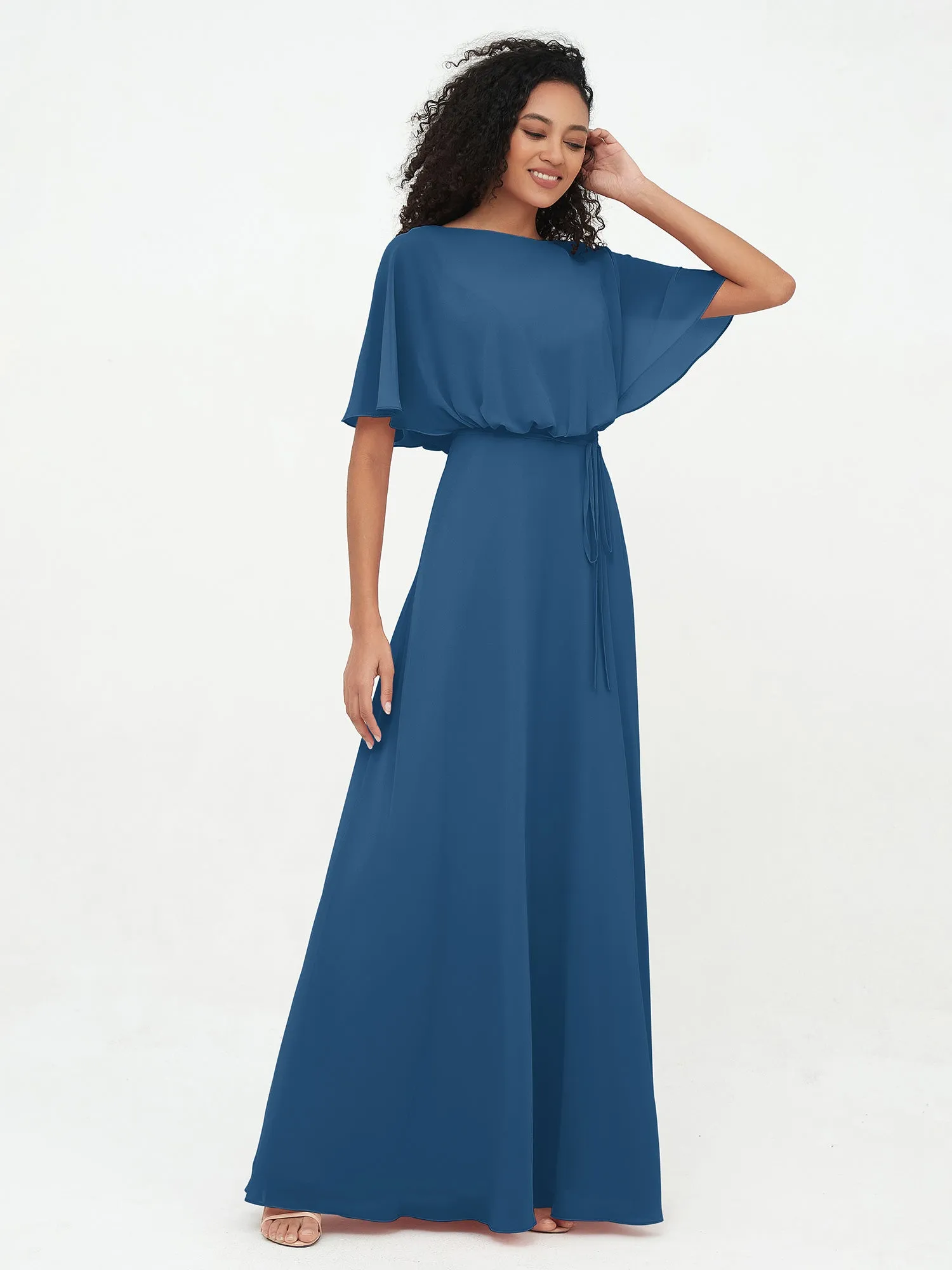 Chiffon Full Length Bridesmaid Dresses with Wrap Ink Blue Plus Size