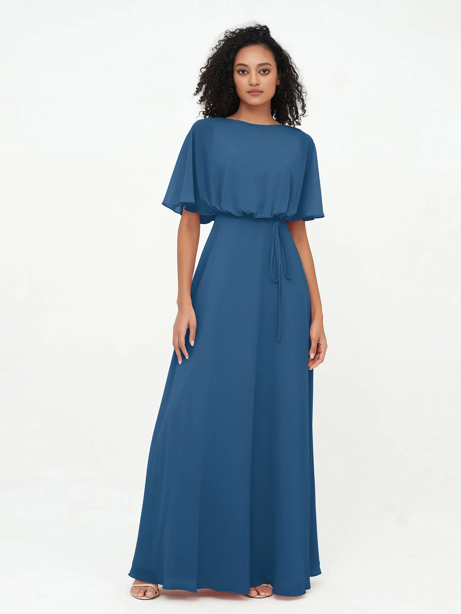 Chiffon Full Length Bridesmaid Dresses with Wrap Ink Blue Plus Size