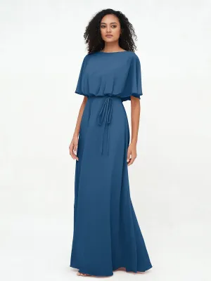 Chiffon Full Length Bridesmaid Dresses with Wrap Ink Blue Plus Size