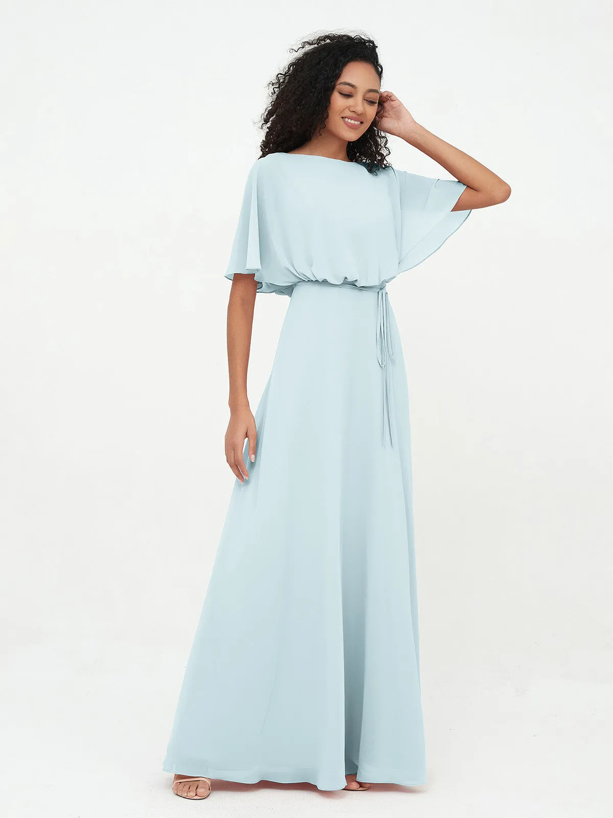 Chiffon Full Length Bridesmaid Dresses with Wrap Mist