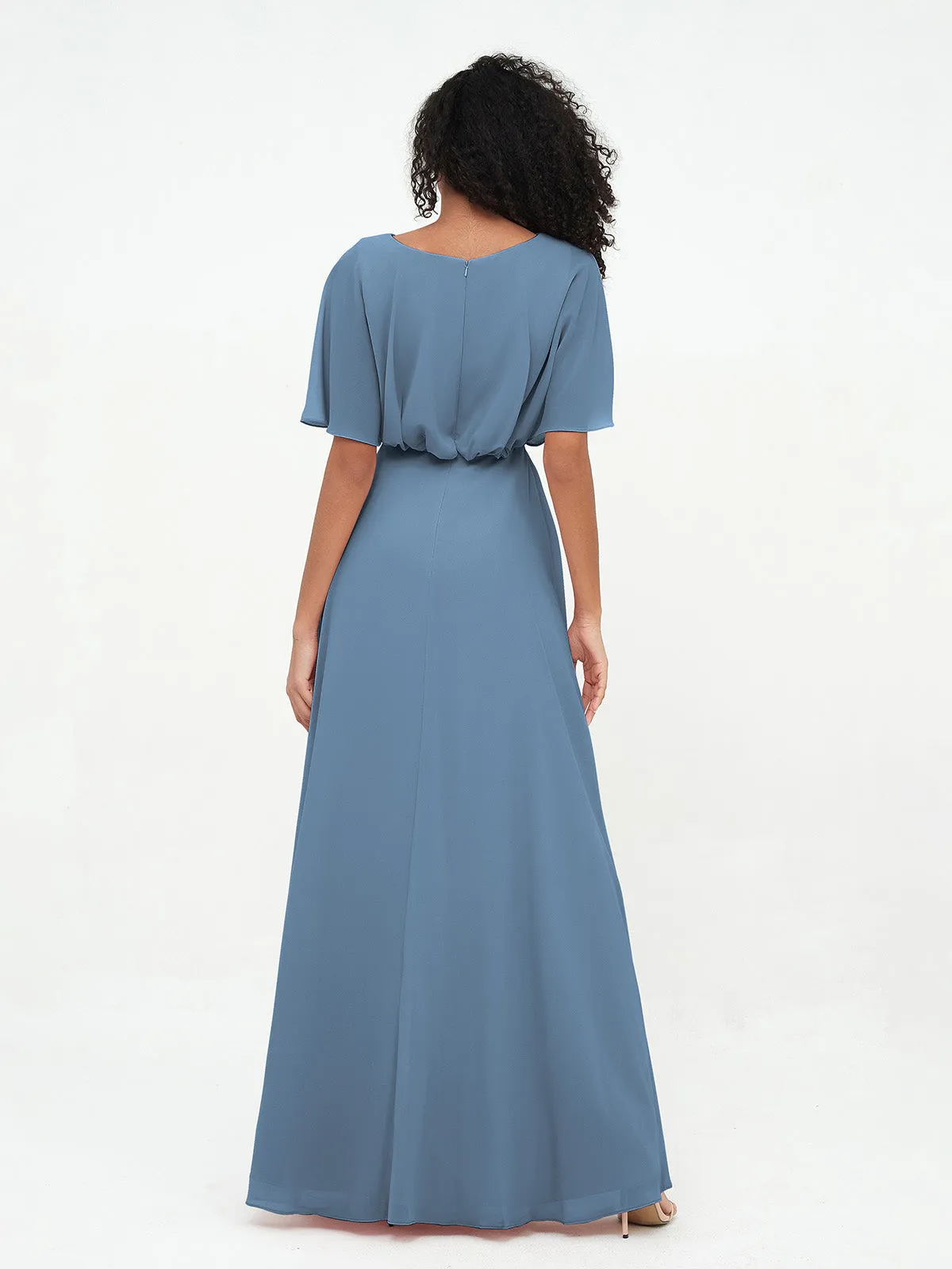 Chiffon Full Length Bridesmaid Dresses with Wrap Slate Blue