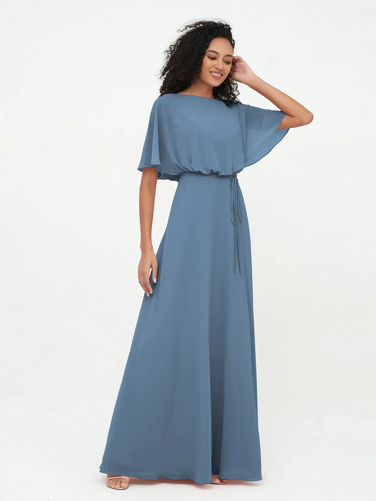 Chiffon Full Length Bridesmaid Dresses with Wrap Slate Blue