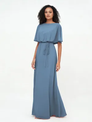 Chiffon Full Length Bridesmaid Dresses with Wrap Slate Blue