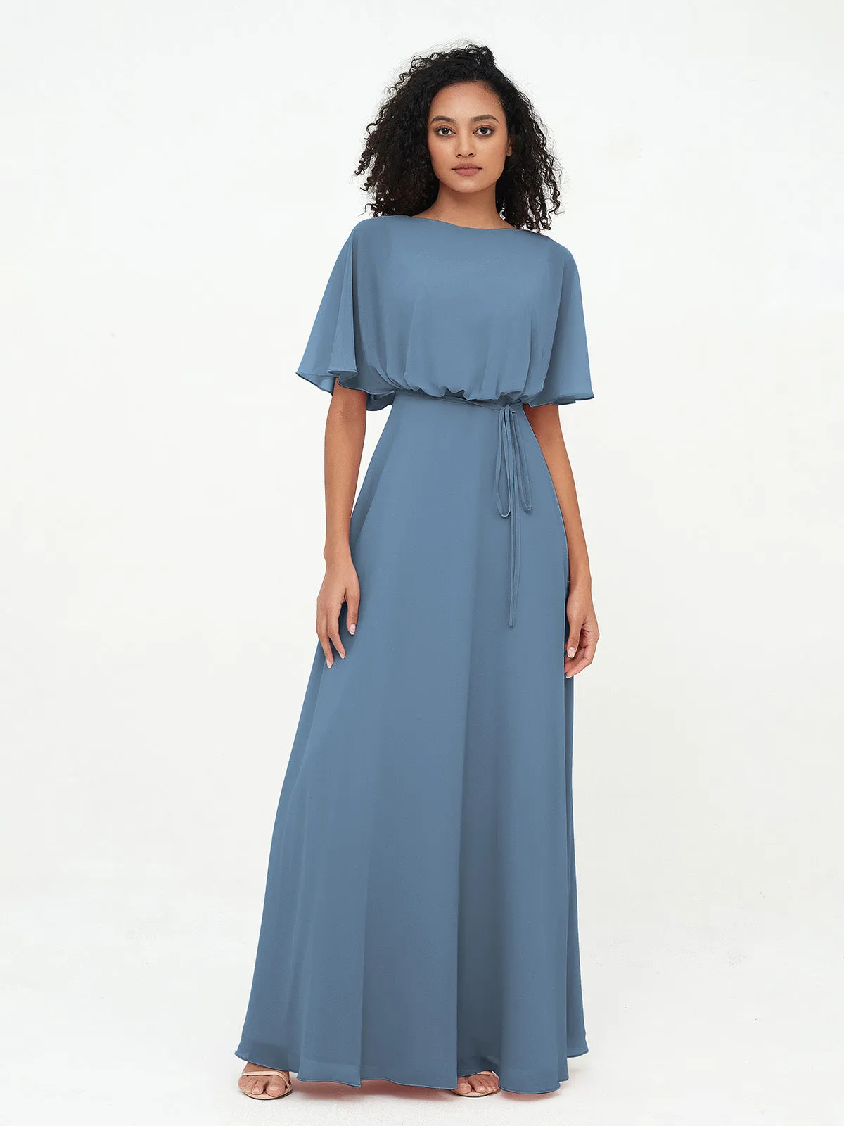 Chiffon Full Length Bridesmaid Dresses with Wrap Slate Blue