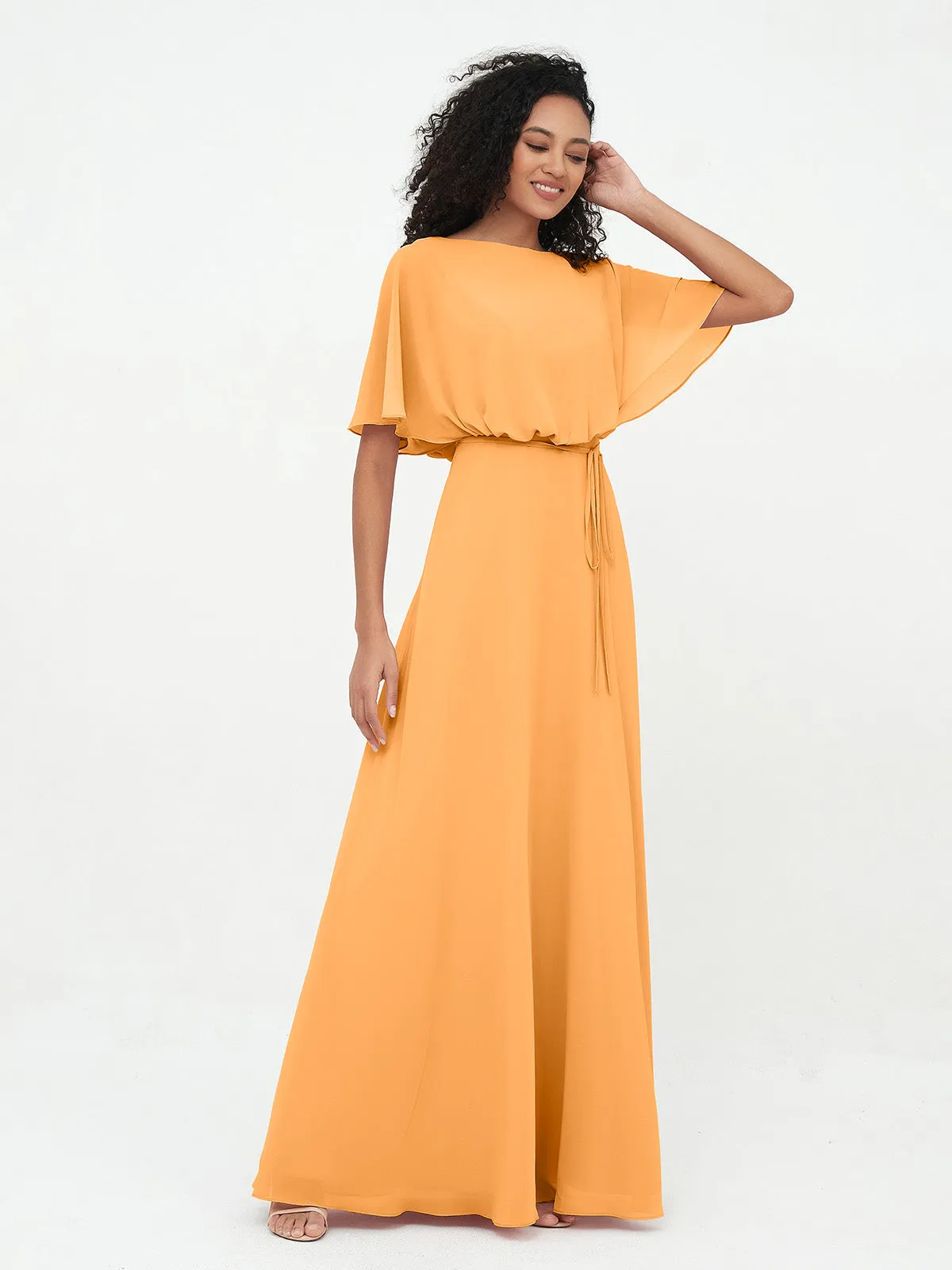 Chiffon Full Length Bridesmaid Dresses with Wrap Tangerine