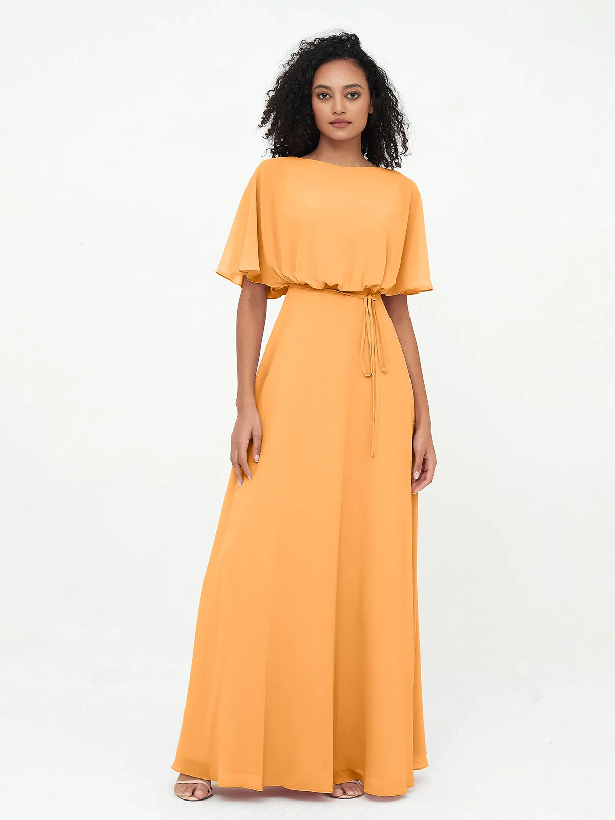 Chiffon Full Length Bridesmaid Dresses with Wrap Tangerine