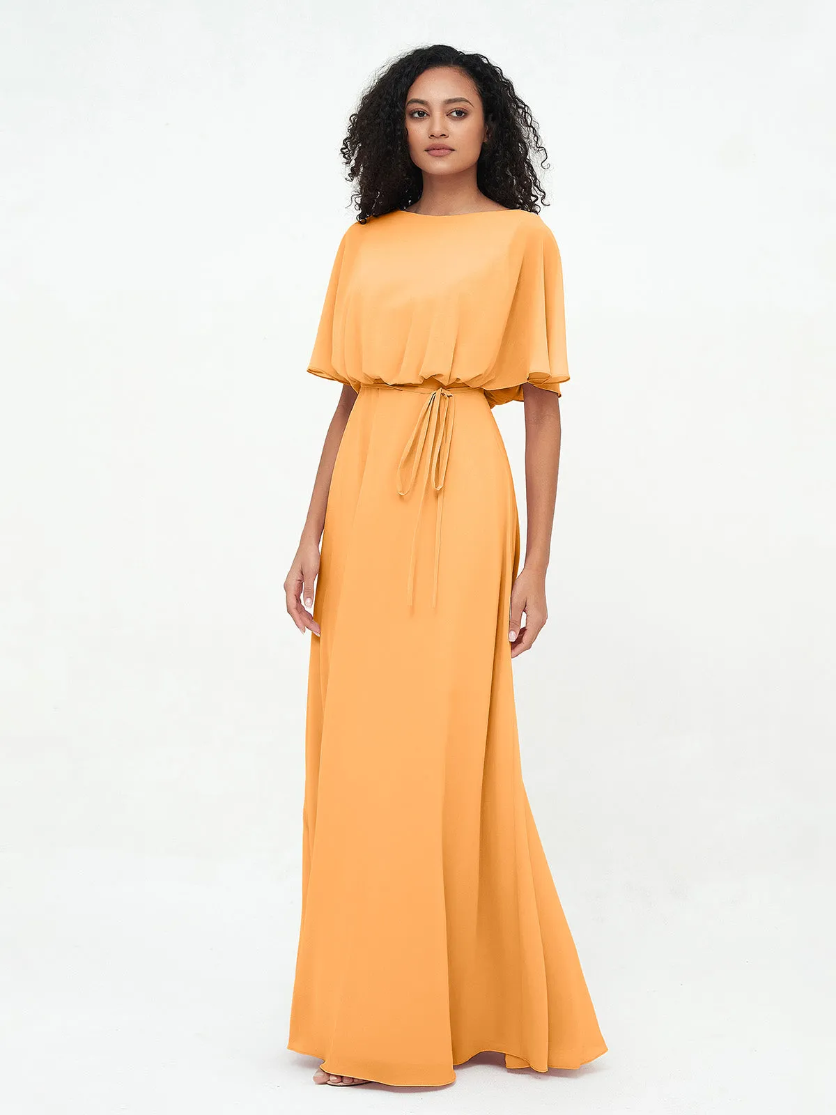 Chiffon Full Length Bridesmaid Dresses with Wrap Tangerine