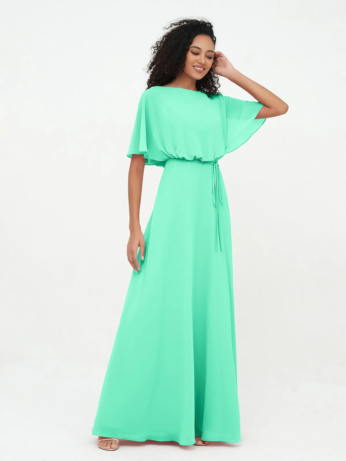 Chiffon Full Length Bridesmaid Dresses with Wrap Turquoise