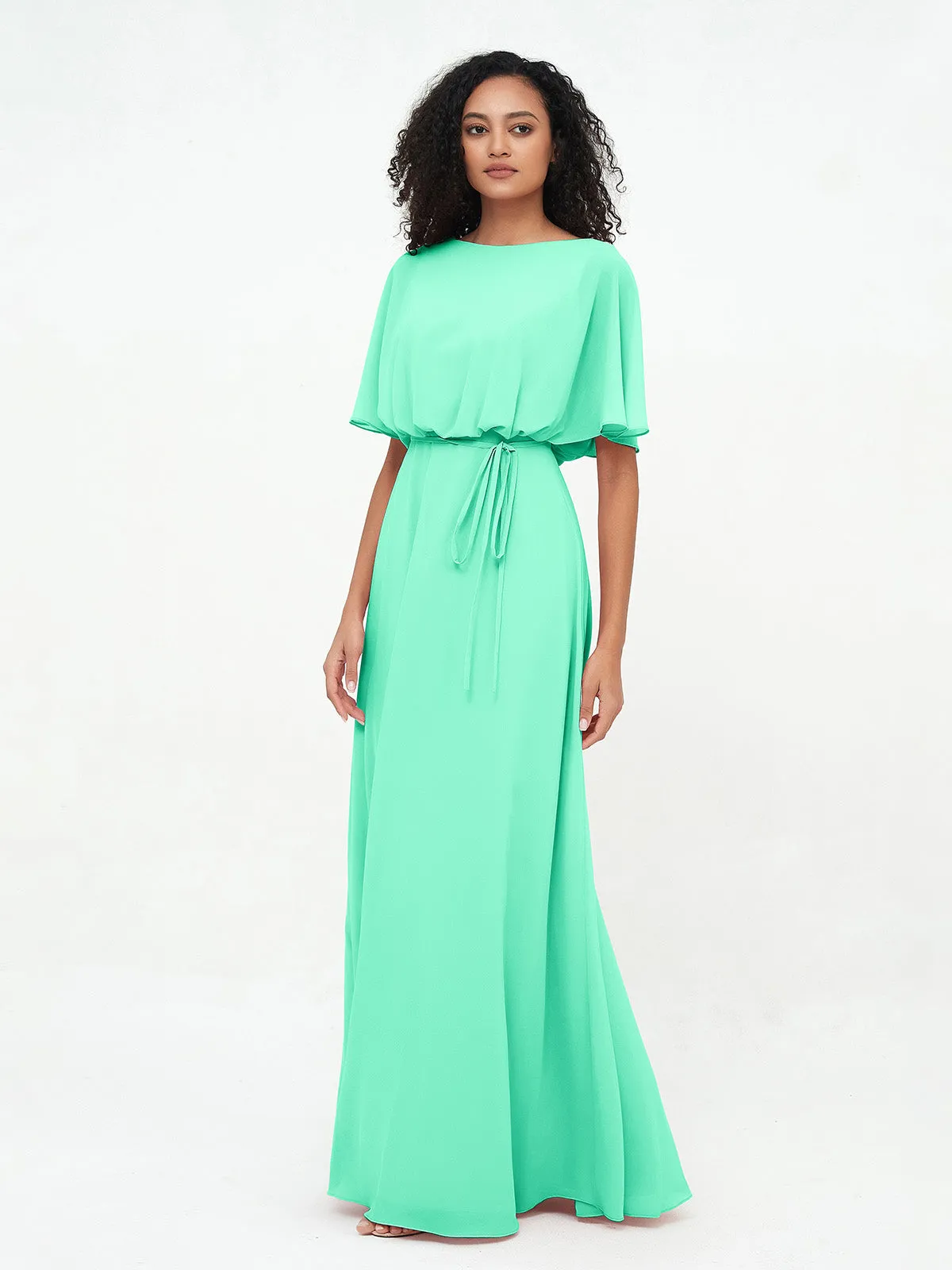 Chiffon Full Length Bridesmaid Dresses with Wrap Turquoise