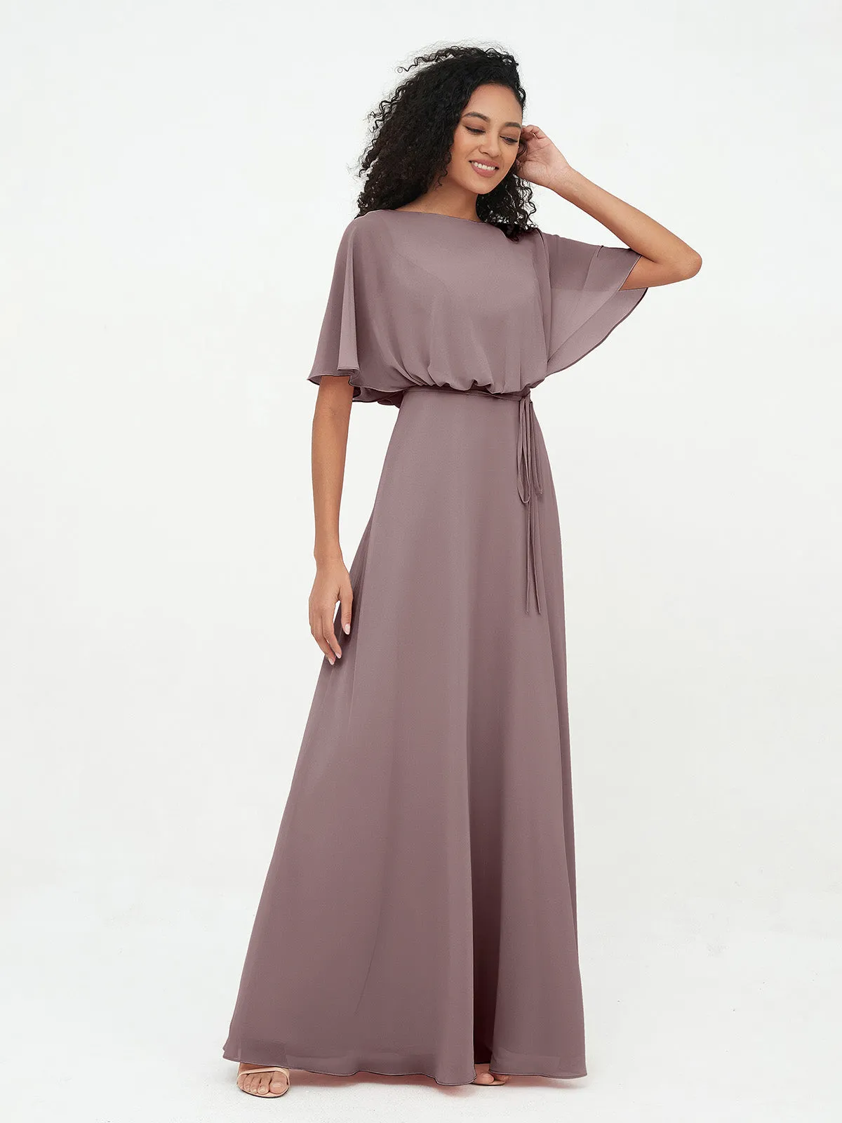 Chiffon Full Length Bridesmaid Dresses with Wrap Vintage Mauve