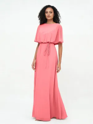 Chiffon Full Length Bridesmaid Dresses with Wrap Watermelon Plus Size