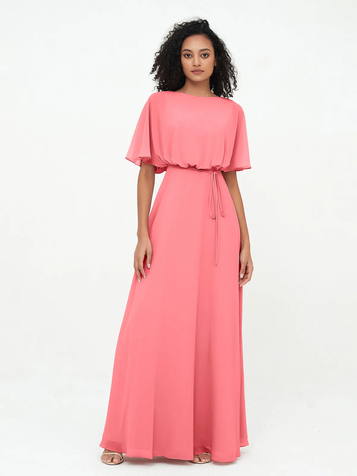 Chiffon Full Length Bridesmaid Dresses with Wrap Watermelon Plus Size