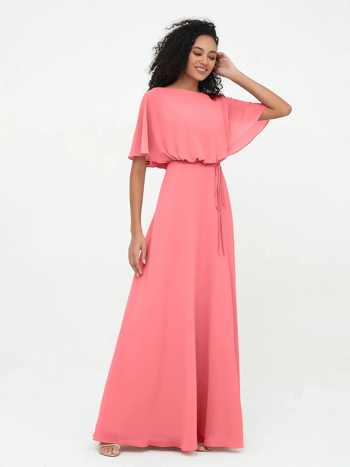 Chiffon Full Length Bridesmaid Dresses with Wrap Watermelon Plus Size