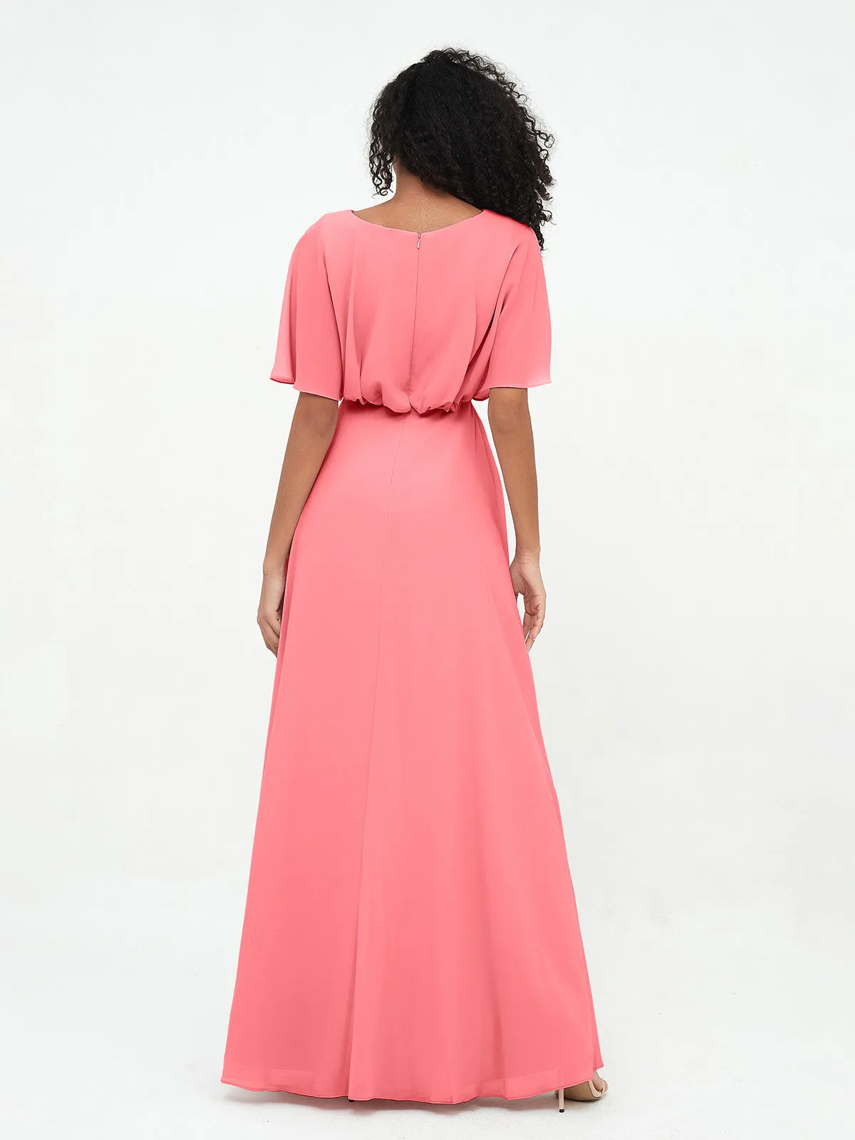 Chiffon Full Length Bridesmaid Dresses with Wrap Watermelon Plus Size