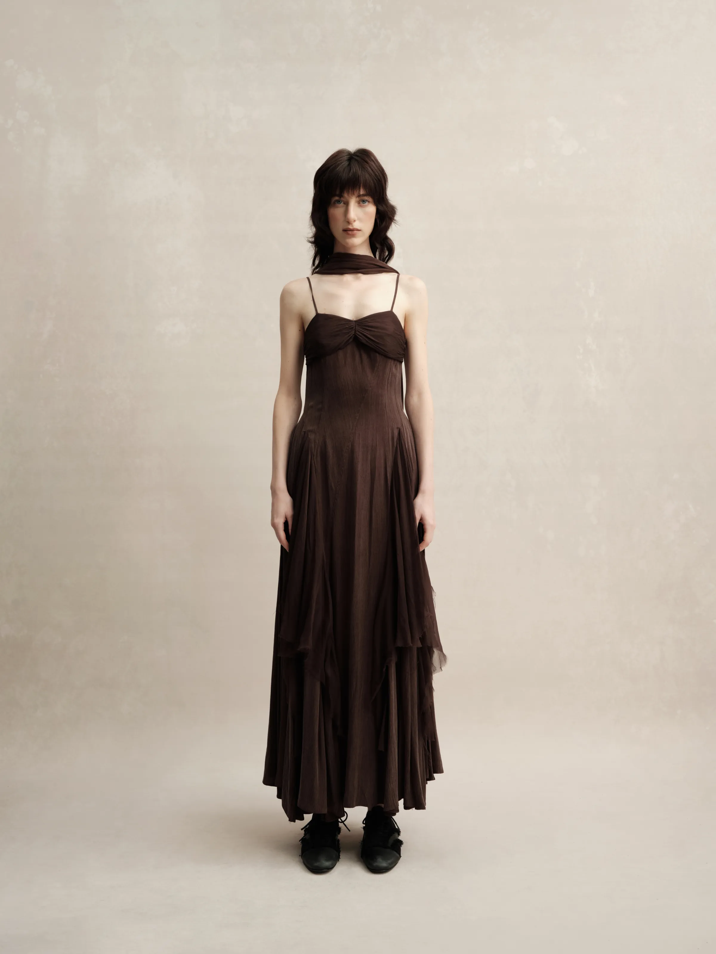 Chocolate Pleated Gauze Dress