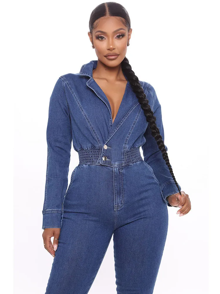 Collar Neck Denim Jumpsuit