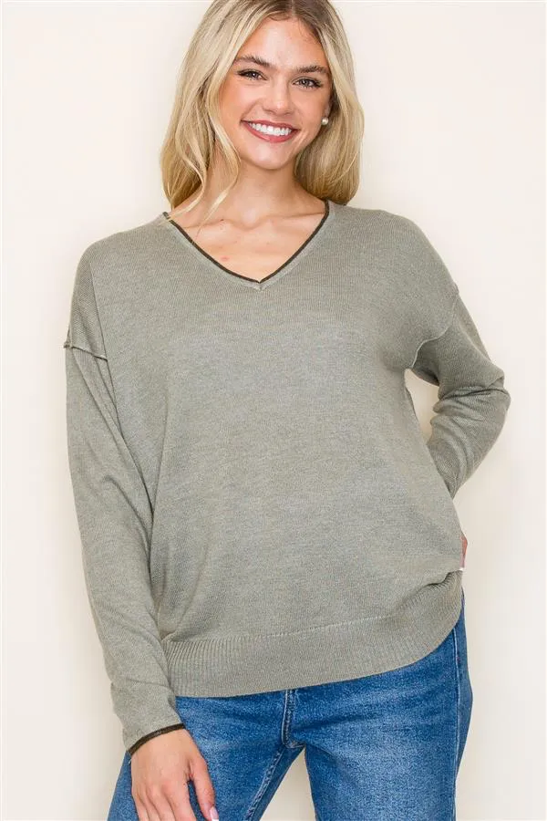 Contrast Rib Vneck Pullovers - 3 Colors! - FINAL SALE