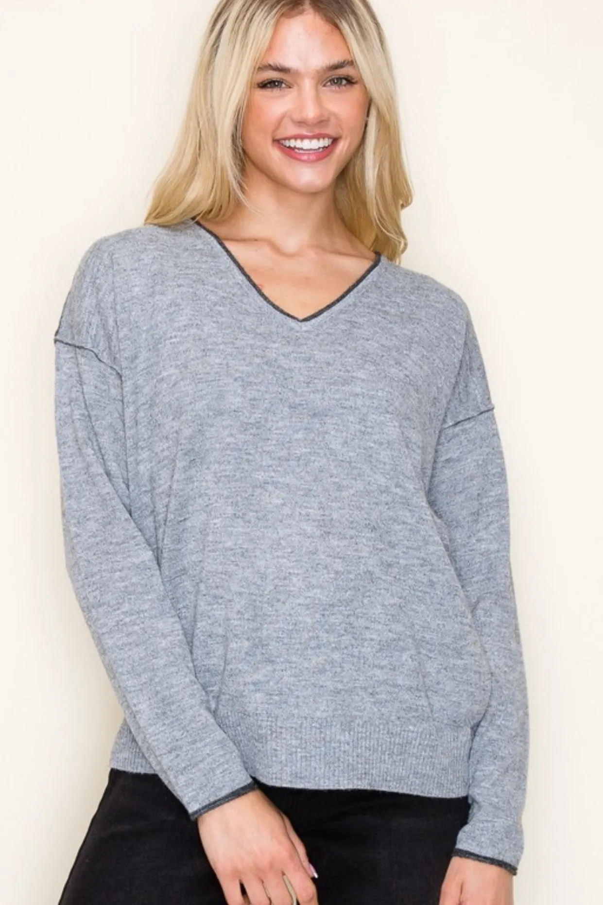 Contrast Rib Vneck Pullovers - 3 Colors! - FINAL SALE