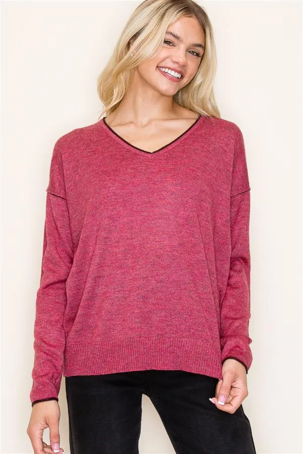 Contrast Rib Vneck Pullovers - 3 Colors! - FINAL SALE