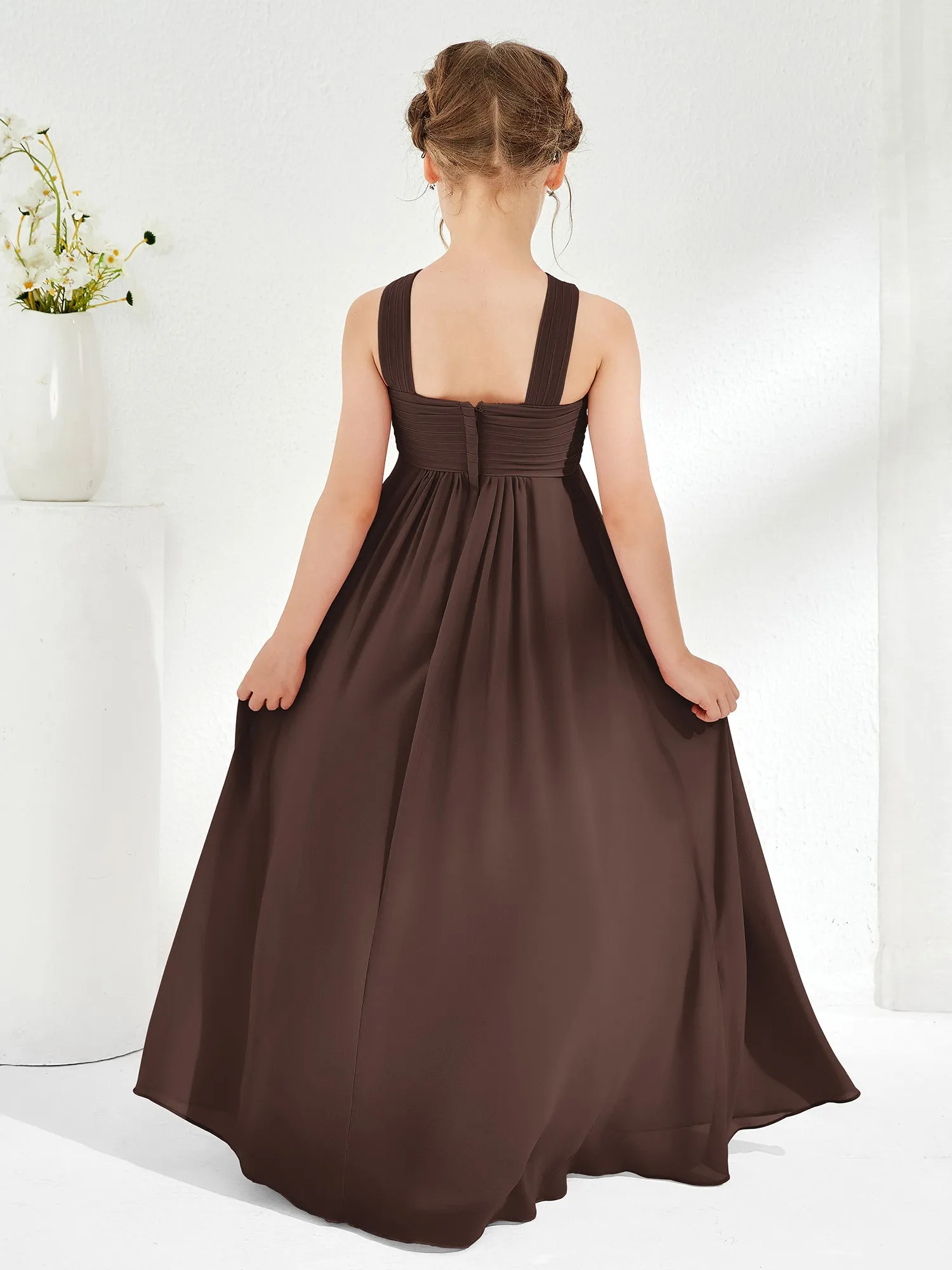 Cross Shoulder Strap Junior Bridesmaid Dresses with Empire Waist Chocolate