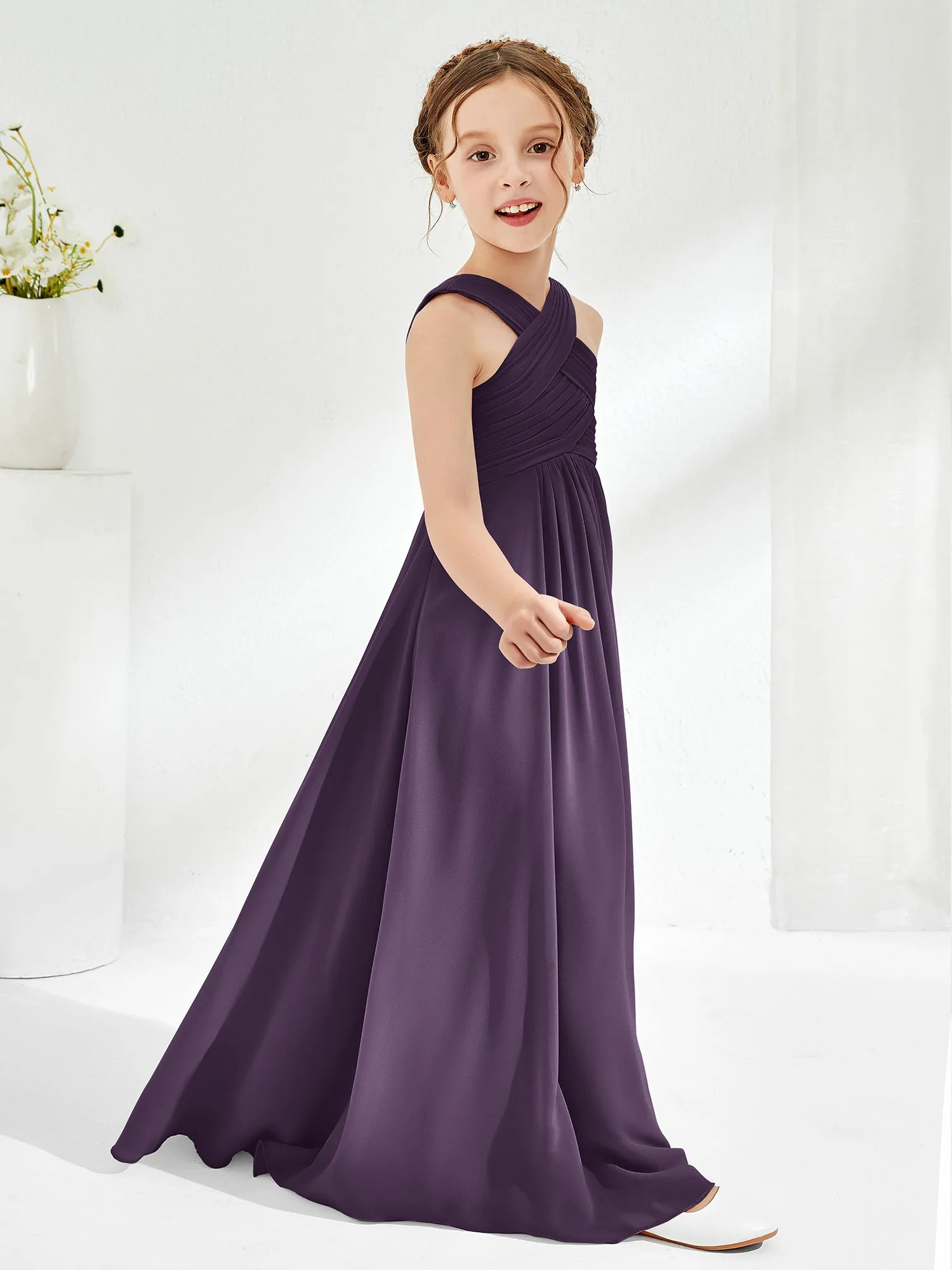 Cross Shoulder Strap Junior Bridesmaid Dresses with Empire Waist Plum