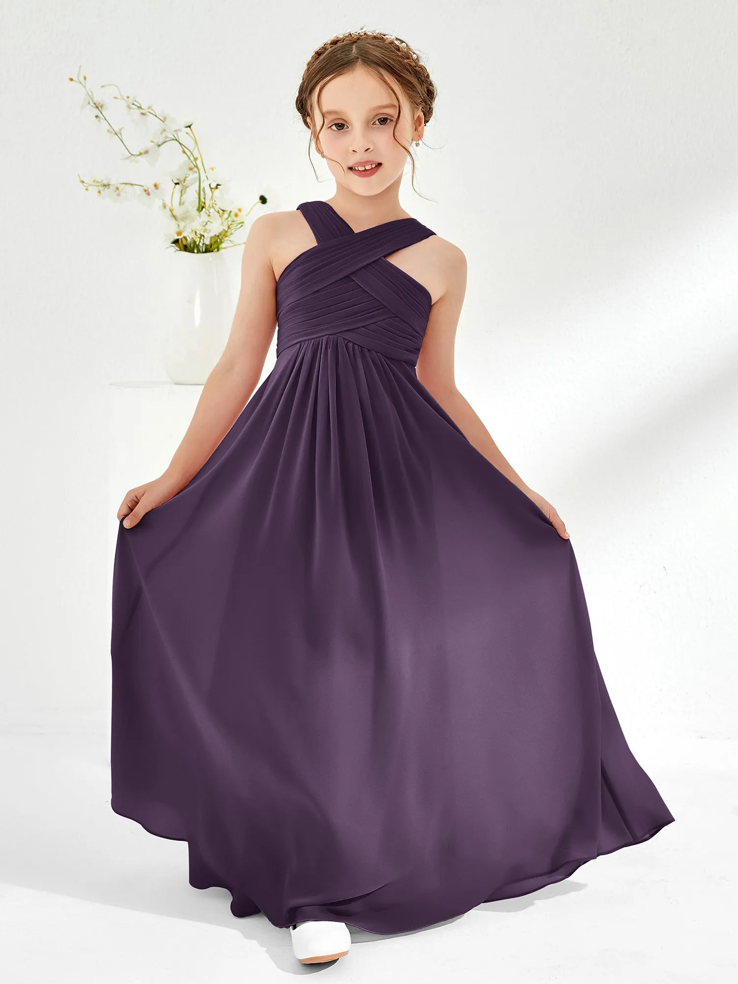 Cross Shoulder Strap Junior Bridesmaid Dresses with Empire Waist Plum