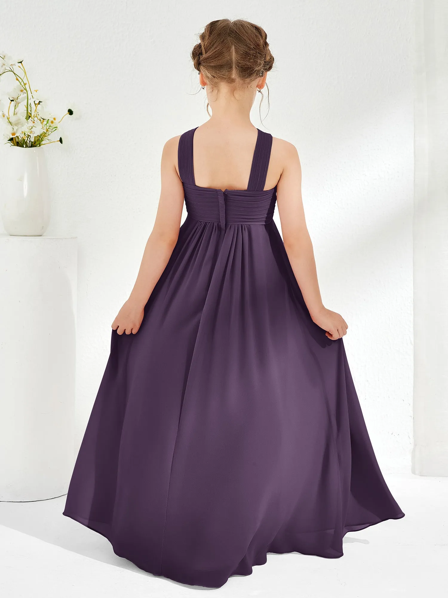 Cross Shoulder Strap Junior Bridesmaid Dresses with Empire Waist Plum