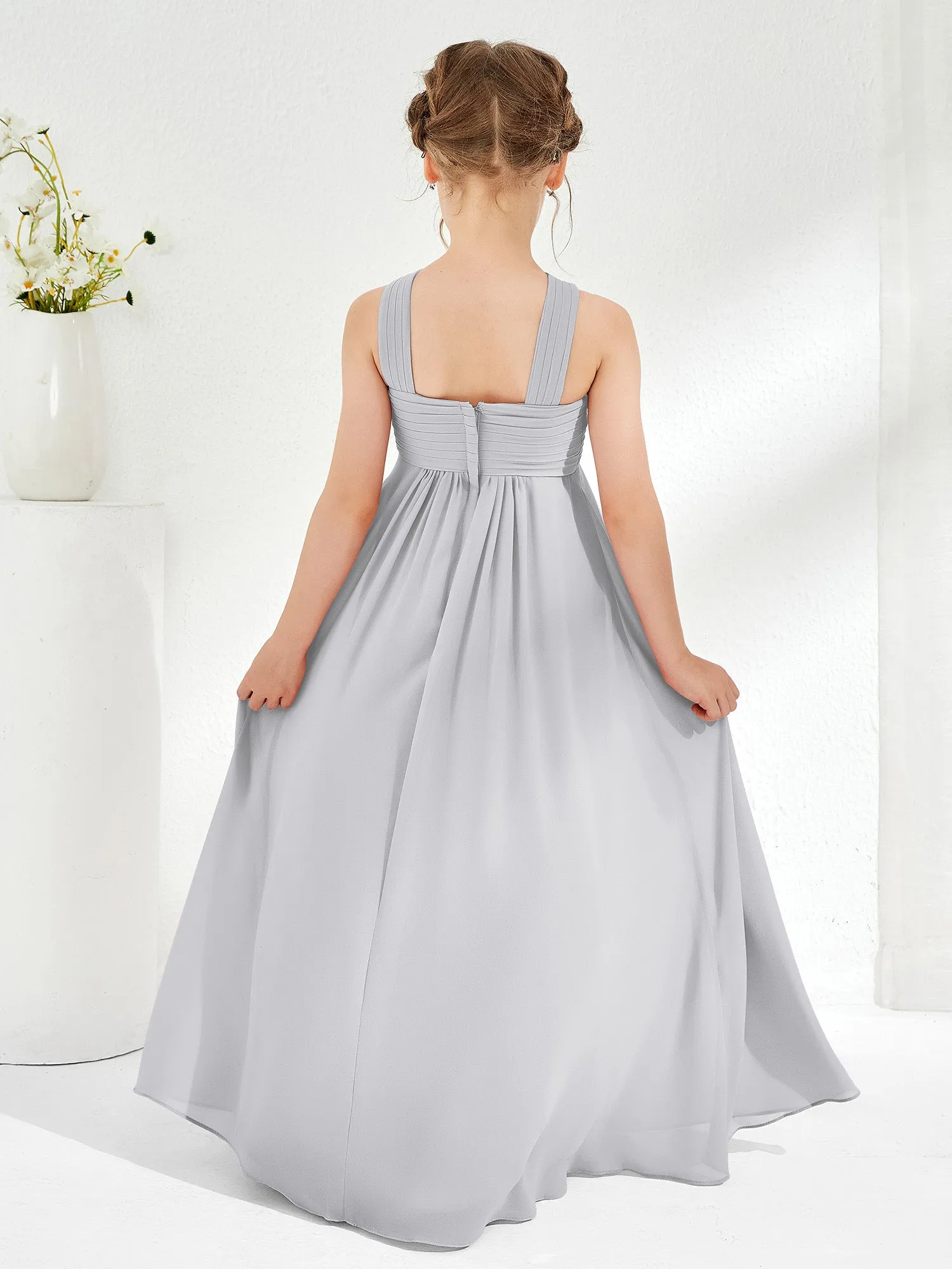 Cross Shoulder Strap Junior Bridesmaid Dresses with Empire Waist Silver