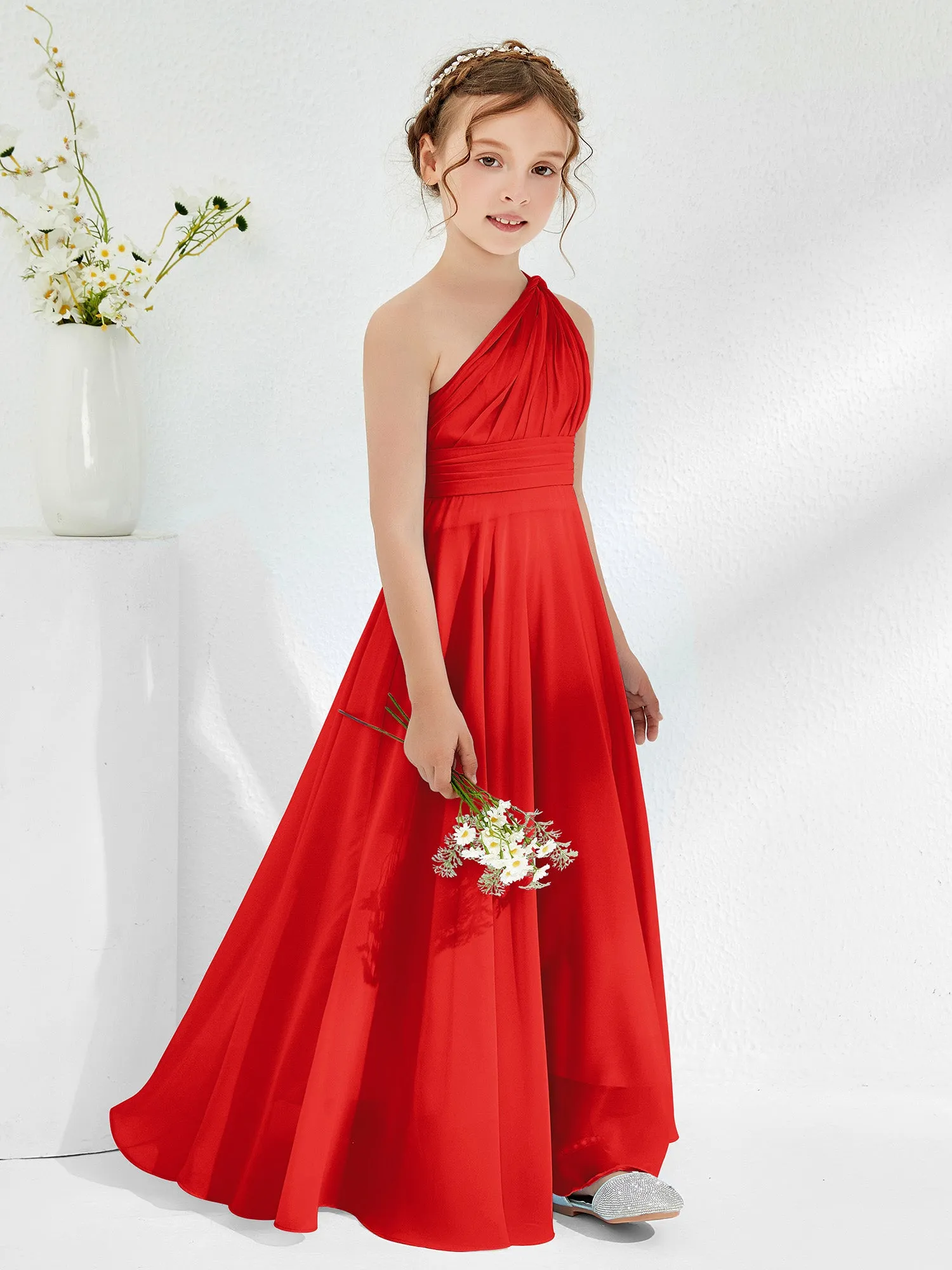 Cute One Shoulder  A-line Junior Bridesmaid Dresses Red