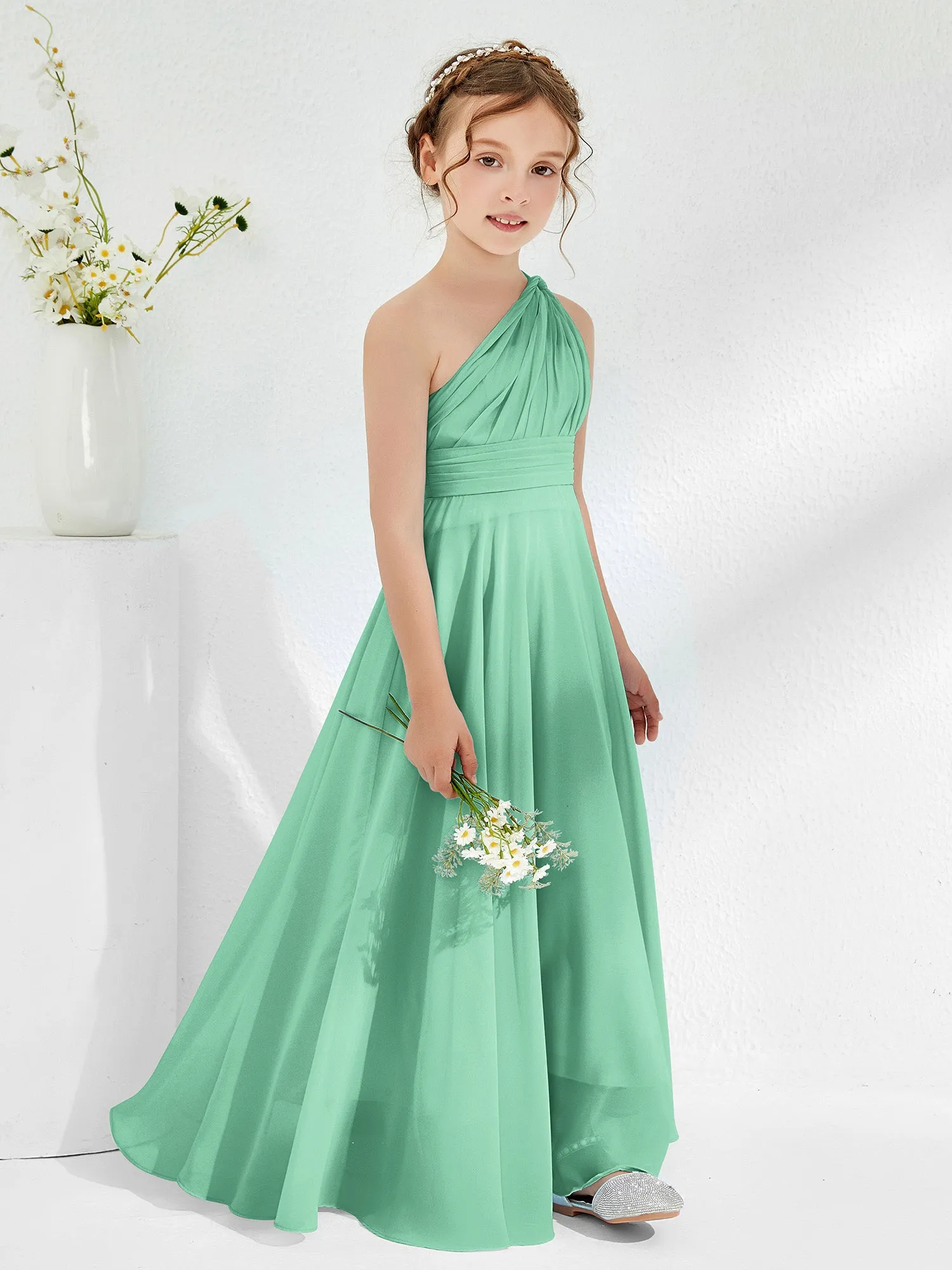 Cute One Shoulder  A-line Junior Bridesmaid Dresses Turquoise