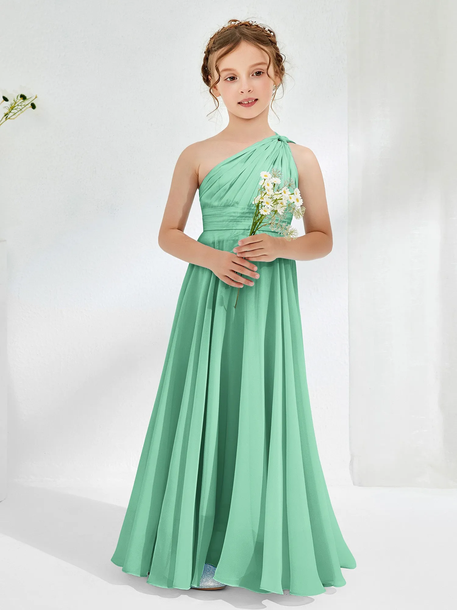 Cute One Shoulder  A-line Junior Bridesmaid Dresses Turquoise