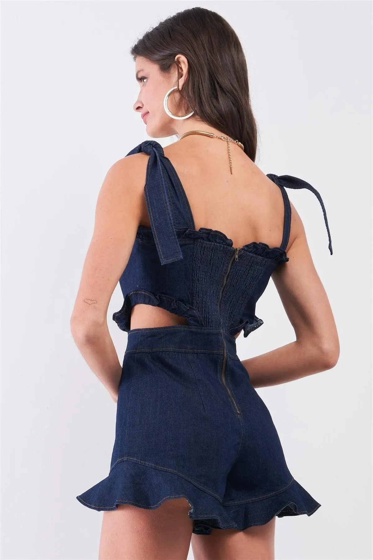 Dark Denim Sleeveless Sweetheart Neckline Ruffled Hem Side Cut-Out Detail Self-Tie Shoulder Straps Romper /3-2