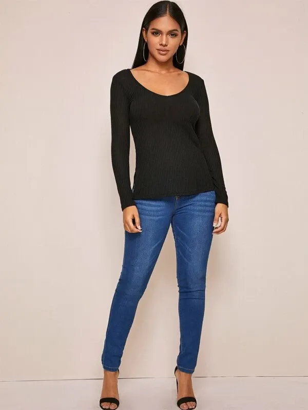 Deep V-Neck Slim Fit Split Side Rib-knit Top