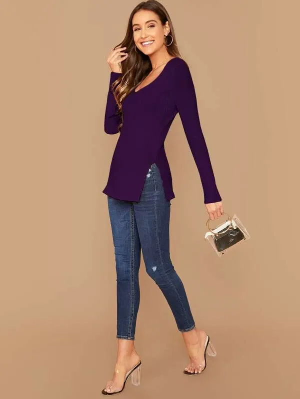 Deep V-Neck Slim Fit Split Side Rib-knit Top