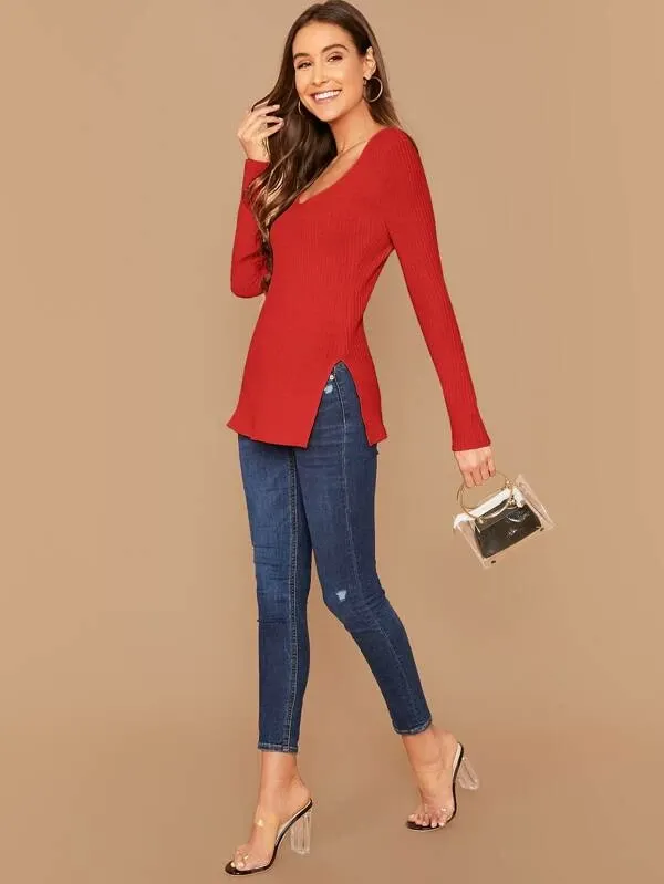 Deep V-Neck Slim Fit Split Side Rib-knit Top