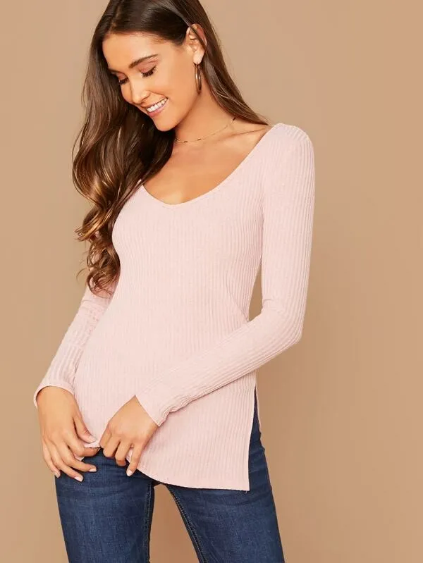 Deep V-Neck Slim Fit Split Side Rib-knit Top