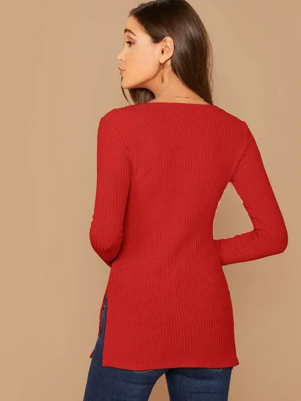 Deep V-Neck Slim Fit Split Side Rib-knit Top