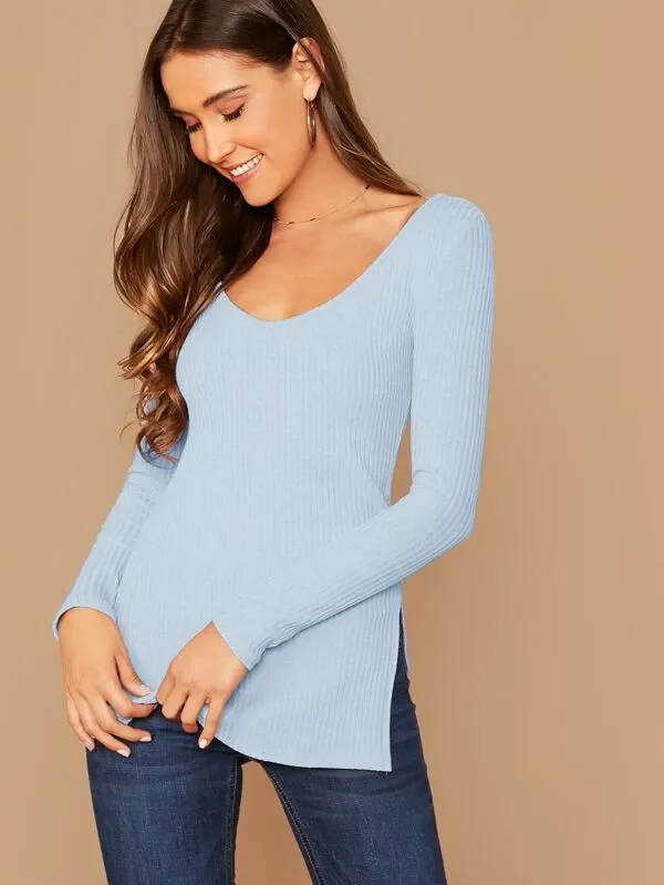 Deep V-Neck Slim Fit Split Side Rib-knit Top