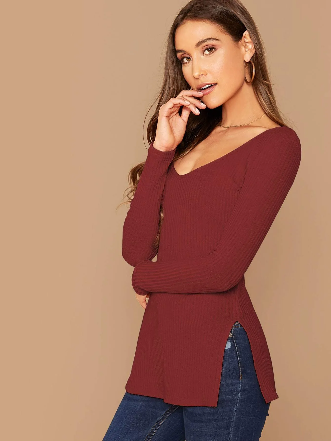 Deep V-Neck Slim Fit Split Side Rib-knit Top