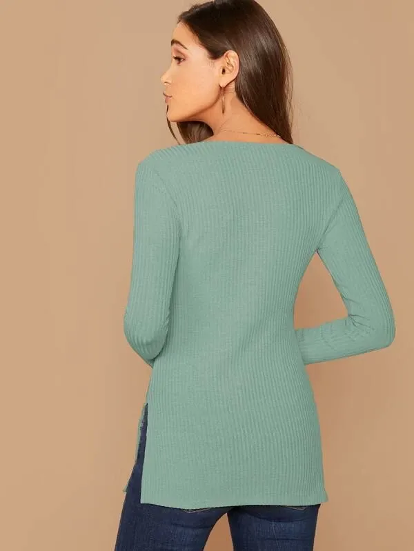 Deep V-Neck Slim Fit Split Side Rib-knit Top