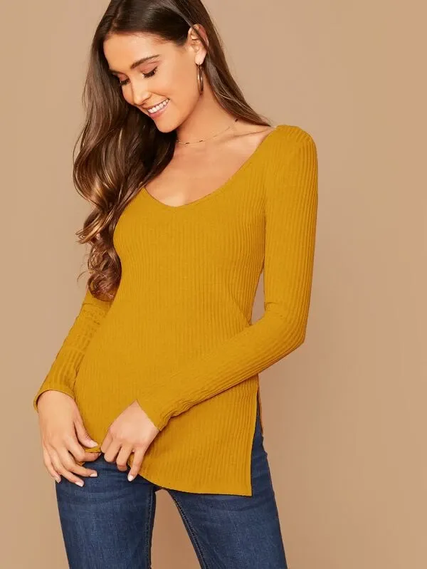 Deep V-Neck Slim Fit Split Side Rib-knit Top