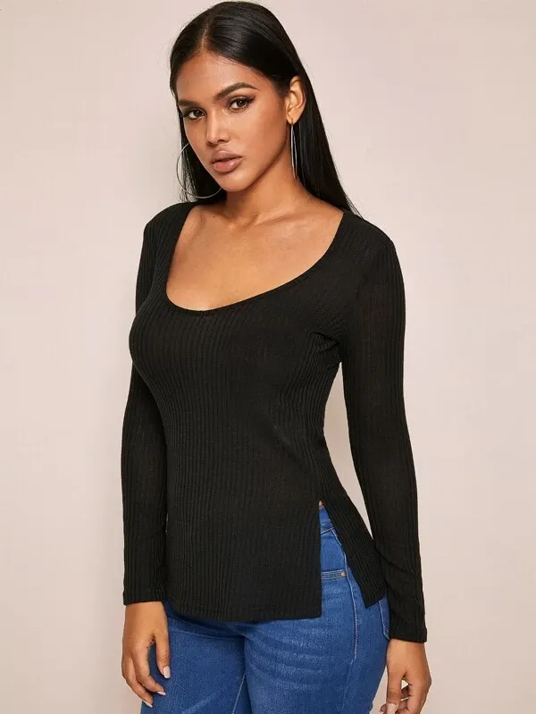 Deep V-Neck Slim Fit Split Side Rib-knit Top