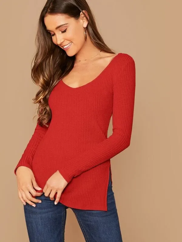 Deep V-Neck Slim Fit Split Side Rib-knit Top