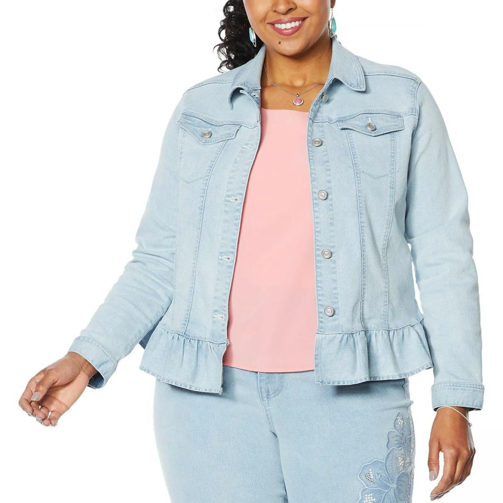 DG2 by Diane Gilman Women's Plus Size Ruffled Hem Stretch Denim Jacket