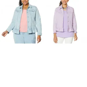 DG2 by Diane Gilman Women's Plus Size Ruffled Hem Stretch Denim Jacket