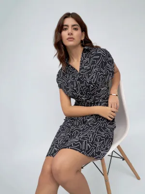 DL Woman Shirt Collar Regular Fit Printed Black Dress