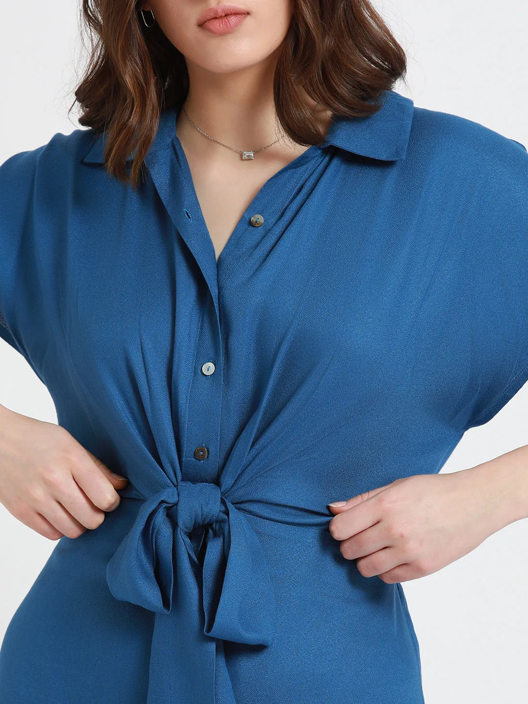 DL Woman Shirt Collar Regular Fit Solid Blue Midi Tie-Up Dress